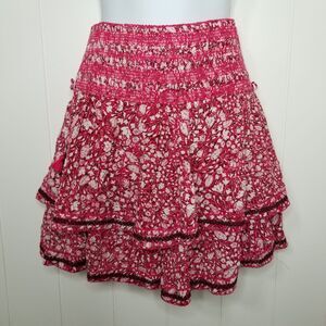 Poupette St Barth PINK Women's Smocked Mini Skirt, US Medium Tasseled